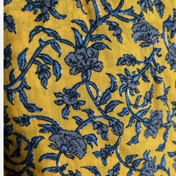 ZARA Floral Print Smocked Tie Neck Blouse Mustard/Blue Sz XLarge Boho Cotton - Picture 9 of 16